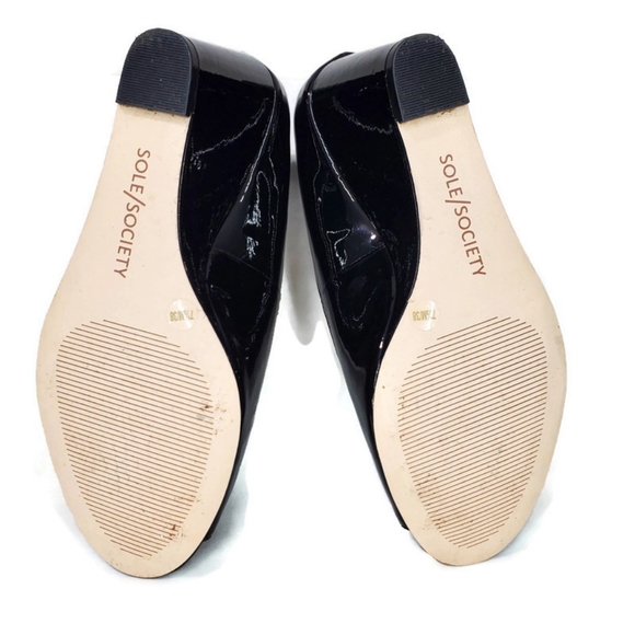Sole Society Patent Leather Chaya Wedge Sandal Black Size 7.5 3" Wedge Peep-toe - Picture 8 of 10